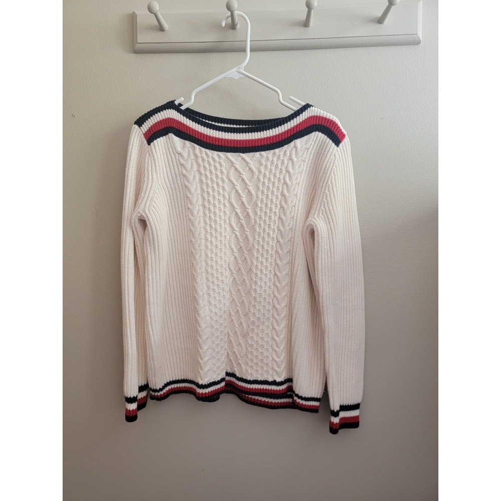 Vintage Tommy Hilfiger Cable Knit Sweater Cream Navy Red Stripe M Chunky Y2K 00s